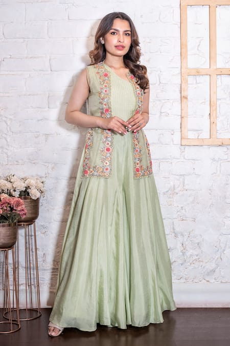 Buy Green Stretch Suiting Embroidery One Shoulder Jumpsuit For Women by  Mehak Murpana Online at Aza Fashions.