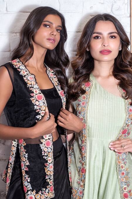 Buy Vasavi Shah Green Cotton, Organza, Silk Slub Floral, Jacket With One Shoulder Jumpsuit Online at Aza Fashions Buy_Vasavi Shah_Green Cotton, Organza, Silk Slub Floral, Jacket With One Shoulder Jumpsuit _Online_at_Aza_Fashions