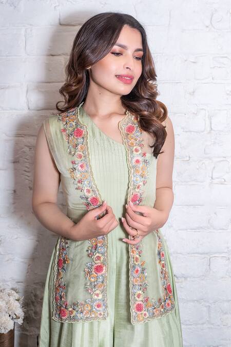 Shop Vasavi Shah Green Cotton, Organza, Silk Slub Floral, Jacket With One Shoulder Jumpsuit Online at Aza Fashions Shop_Vasavi Shah_Green Cotton, Organza, Silk Slub Floral, Jacket With One Shoulder Jumpsuit _Online_at_Aza_Fashions