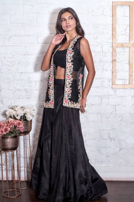 Vasavi Shah Black Cotton, Organza, Linen, Slub Embroidered And Flap Pant Set Online at Aza Fashions Vasavi Shah_Black Cotton, Organza, Linen, Slub Embroidered And Flap Pant Set _Online_at_Aza_Fashions
