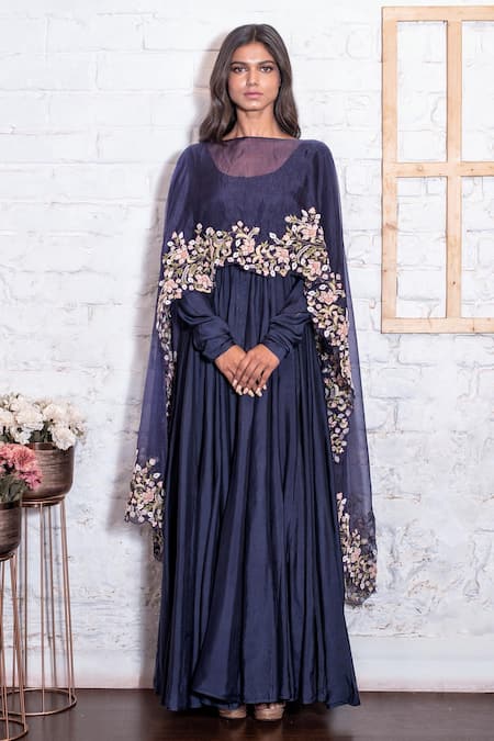 Vasavi Shah Blue Cotton, Organza, Muslin Silk Dori, Floral, Anarkali With Embroidered Cape