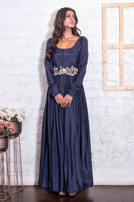Shop Vasavi Shah Blue Cotton, Organza, Muslin Silk Dori, Floral, Anarkali With Embroidered Cape at Aza Fashions Shop_Vasavi Shah_Blue Cotton, Organza, Muslin Silk Dori, Floral, Anarkali With Embroidered Cape _at_Aza_Fashions