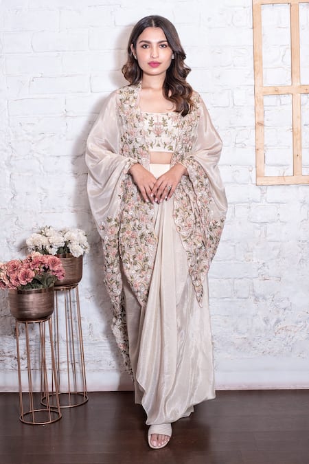 Vasavi Shah Ivory Cotton, Cosmo Silk Dori, Floral, Pearl, Embroidered And Draped Skirt Set
