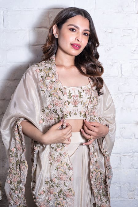 Shop Vasavi Shah Ivory Cotton, Cosmo Silk Dori, Floral, Pearl, Embroidered And Draped Skirt Set at Aza Fashions Shop_Vasavi Shah_Ivory Cotton, Cosmo Silk Dori, Floral, Pearl, Embroidered And Draped Skirt Set _at_Aza_Fashions