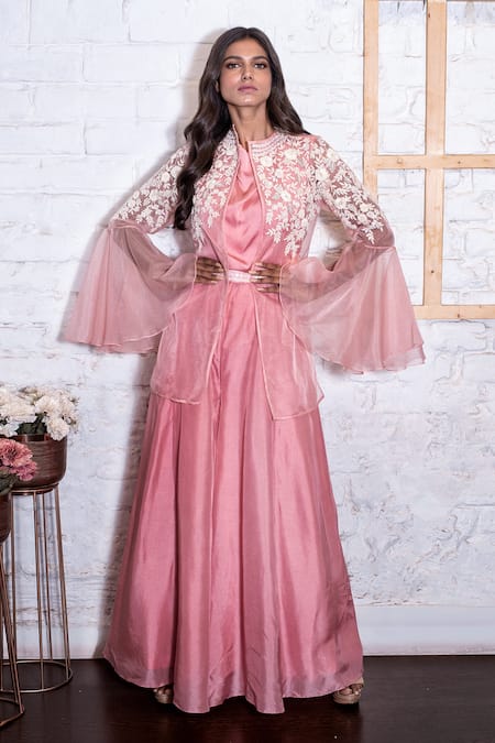Vasavi Shah Pink Satin Embroidery Floral Cowl Neck Jacket With Jumpsuit
