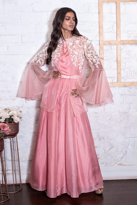 Shop Vasavi Shah Pink Satin Embroidery Floral Cowl Neck Jacket With Jumpsuit at Aza Fashions Shop_Vasavi Shah_Pink Satin Embroidery Floral Cowl Neck Jacket With Jumpsuit _at_Aza_Fashions