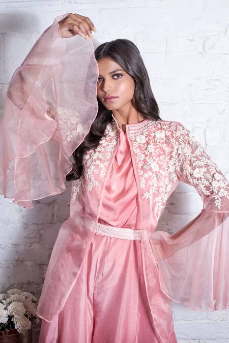 Vasavi Shah Pink Satin Embroidery Floral Cowl Neck Jacket With Jumpsuit Online at Aza Fashions Vasavi Shah_Pink Satin Embroidery Floral Cowl Neck Jacket With Jumpsuit _Online_at_Aza_Fashions