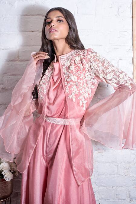 Vasavi Shah Pink Satin Embroidery Floral Cowl Neck Jacket With Jumpsuit at Aza Fashions Vasavi Shah_Pink Satin Embroidery Floral Cowl Neck Jacket With Jumpsuit _at_Aza_Fashions