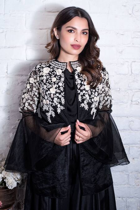 Buy_Vasavi Shah_Black Satin Embroidery Floral Cowl Neck Jacket With Jumpsuit  _Online_at_Aza_Fashions