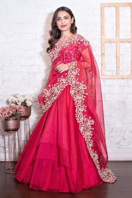 Vasavi Shah_Pink Cotton, Organza, Bamberg Silk Dori, Lehenga Saree With Embroidered Blouse _Online_at_Aza_Fashions