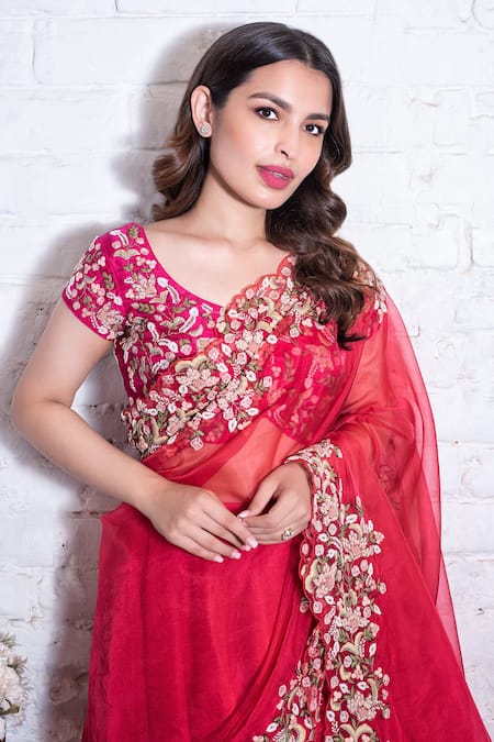 Buy_Vasavi Shah_Pink Cotton, Organza, Bamberg Silk Dori, Lehenga Saree With Embroidered Blouse _Online_at_Aza_Fashions