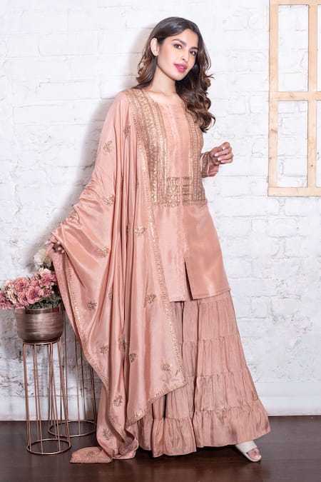 Shop Vasavi Shah Pink Cotton, Russian Silk Dori, Sequin Round Embroidered Kurta Sharara Set at Aza Fashions Shop_Vasavi Shah_Pink Cotton, Russian Silk Dori, Sequin Round Embroidered Kurta Sharara Set _at_Aza_Fashions