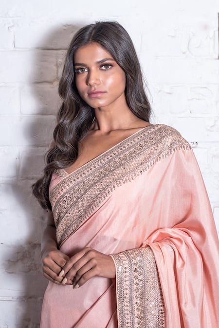 Vasavi Shah_Pink Cotton, Russian Silk Dori, Sequin Sweetheart Embroidered Saree With Blouse _Online_at_Aza_Fashions