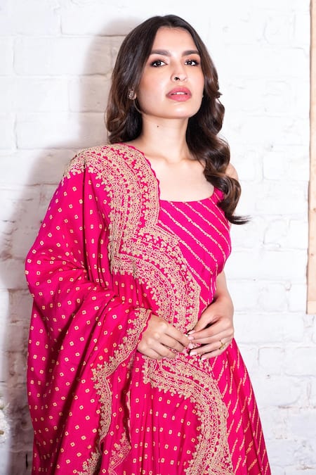 Buy Vasavi Shah Pink Cotton, Bamberg Silk Bandhej Round Print Anarkali Gharara Set Online at Aza Fashions Buy_Vasavi Shah_Pink Cotton, Bamberg Silk Bandhej Round Print Anarkali Gharara Set _Online_at_Aza_Fashions