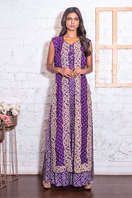 Vasavi Shah Purple Cotton, Bamberg Silk Bandhej Round Printed Jacket And Palazzo Set