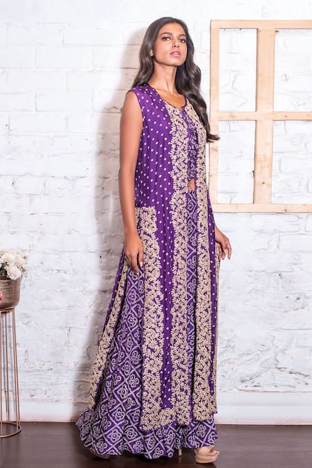 Shop Vasavi Shah Purple Cotton, Bamberg Silk Bandhej Round Printed Jacket And Palazzo Set at Aza Fashions Shop_Vasavi Shah_Purple Cotton, Bamberg Silk Bandhej Round Printed Jacket And Palazzo Set _at_Aza_Fashions