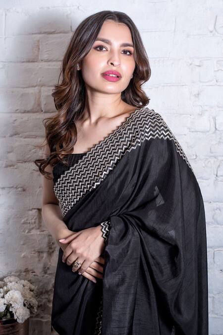 Shop_Vasavi Shah_Black Cotton, Bamberg Silk Pipe, Zig Zag Round Embroidered Saree With Blouse _Online_at_Aza_Fashions