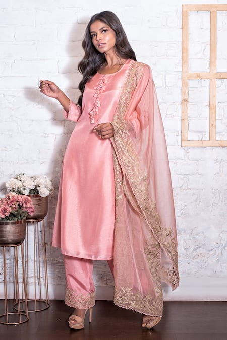Shop Vasavi Shah Pink Russian Silk Embroidery Dori Round Kurta Set With Dupatta at Aza Fashions Shop_Vasavi Shah_Pink Russian Silk Embroidery Dori Round Kurta Set With Dupatta _at_Aza_Fashions