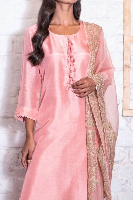 Vasavi Shah Pink Russian Silk Embroidery Dori Round Kurta Set With Dupatta Online at Aza Fashions Vasavi Shah_Pink Russian Silk Embroidery Dori Round Kurta Set With Dupatta _Online_at_Aza_Fashions