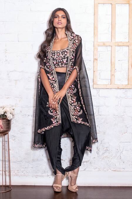 Buy Black Slub Silk Embroidery Sequin Jacket Open Cape And Dhoti Pant Set  For Women by Vasavi Shah Online at Aza Fashions.