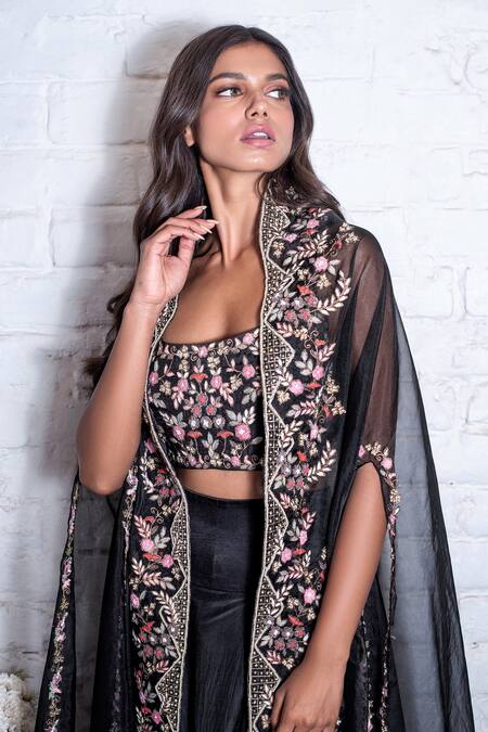 Vasavi Shah Black Cotton, Organza, Lycra Satin, Slub Silk Embroidered Cape And Dhoti Pant Set Online at Aza Fashions Vasavi Shah_Black Cotton, Organza, Lycra Satin, Slub Silk Embroidered Cape And Dhoti Pant Set _Online_at_Aza_Fashions