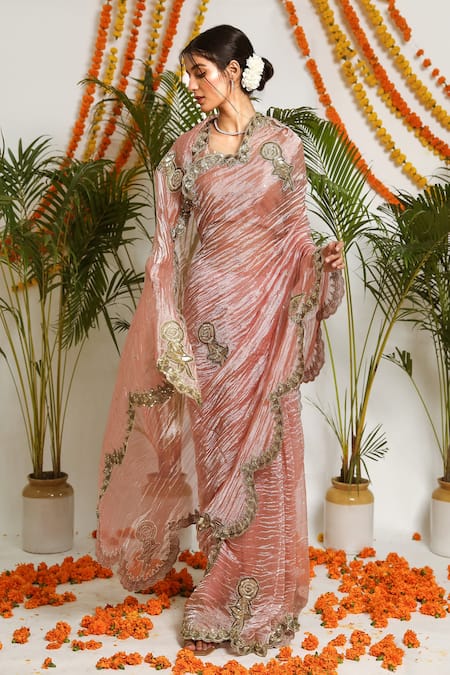Ruar India Pink Silk Tissue Embroidered Patchwork Gulab Saree Set 
