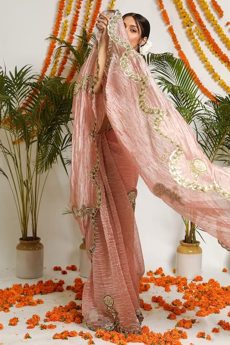 Ruar India Pink Silk Tissue Patchwork Gulab Embroidered Saree Set Online at Aza Fashions Ruar India_Pink Silk Tissue Patchwork Gulab Embroidered Saree Set _Online_at_Aza_Fashions
