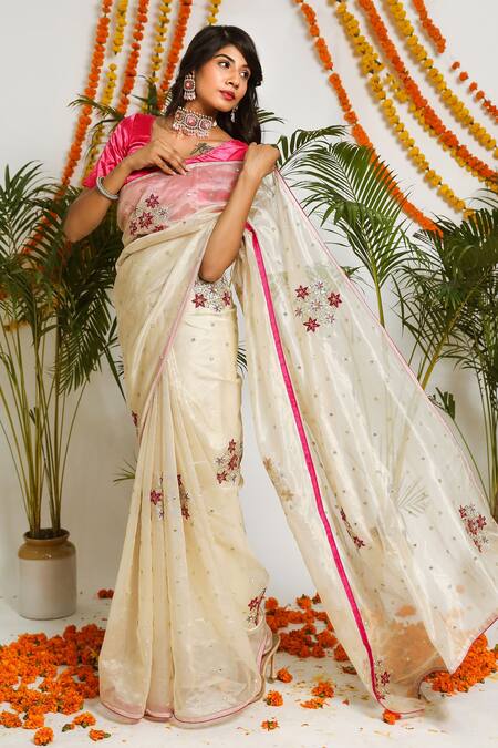 Ruar India_Gold Tissue Floral Round Zaynab Embroidered Saree Set _Online_at_Aza_Fashions
