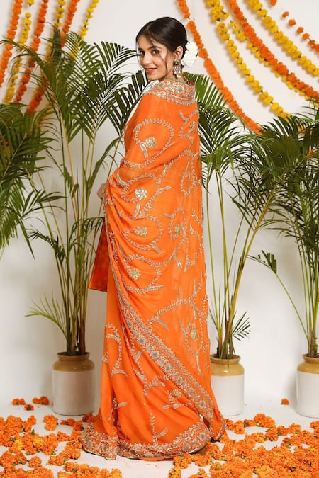 Shop_Ruar India_Orange Pure Chiffon Floral Mehrab Saree With Blouse _at_Aza_Fashions