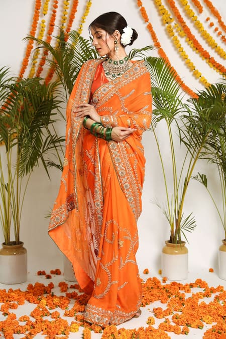 Beautiful Partywear Women Coral & fashion Orange Floral Pure Chiffon Saree For Wedding Readymade Dress Gift For Her