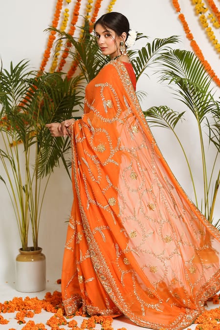 Buy_Ruar India_Orange Pure Chiffon Floral Mehrab Saree With Blouse _Online_at_Aza_Fashions