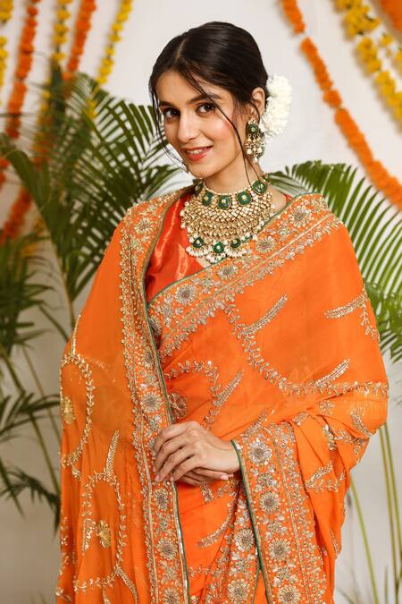 Plain Orange Saree With Designer Blouse Ideas||Orange Saree With Contrast  Blouse || - YouTube