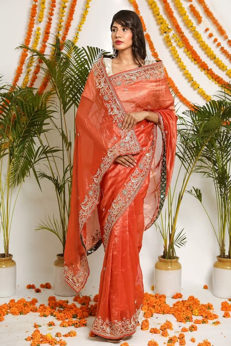 Buy Ruar India Orange Pure Tissue Floral Zareen With Blouse Online at Aza Fashions Buy_Ruar India_Orange Pure Tissue Floral Zareen With Blouse _Online_at_Aza_Fashions