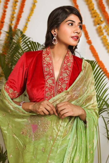 Shop Ruar India Green Pure Tissue Floral V Neck Panna Saree With Blouse Online at Aza Fashions Shop_Ruar India_Green Pure Tissue Floral V Neck Panna Saree With Blouse _Online_at_Aza_Fashions