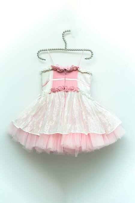 Shop Ranikidswear White Georgette Embellished Sequins Ruffle Dress at Aza Fashions Shop_Ranikidswear_White Georgette Embellished Sequins Ruffle Dress_at_Aza_Fashions