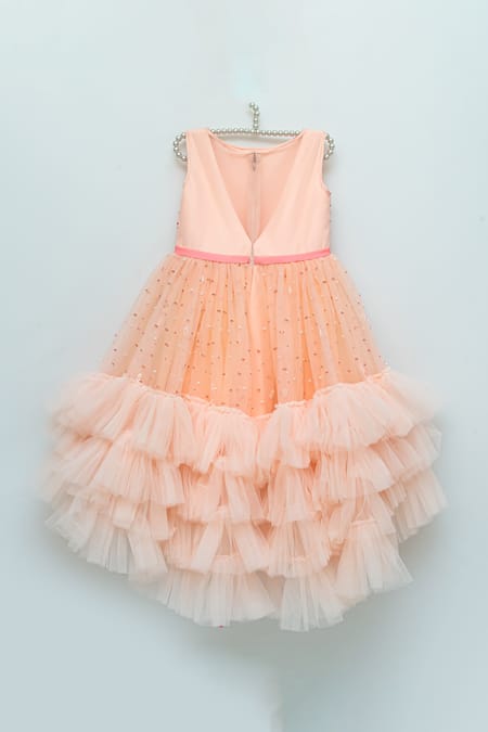 Shop Ranikidswear Peach Tulle, Satin Sequins, Pearls Layered Ruffle Dress at Aza Fashions Shop_Ranikidswear_Peach Tulle, Satin Sequins, Pearls Layered Ruffle Dress _at_Aza_Fashions