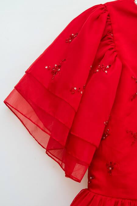 Buy_Ranikidswear_Red Organza, Net, Satin Sequins, Cut Work Embroidered Dress _Online_at_Aza_Fashions