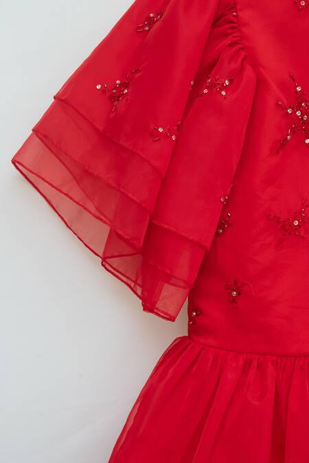 Shop_Ranikidswear_Red Organza, Net, Satin Sequins, Cut Work Embroidered Dress _Online_at_Aza_Fashions