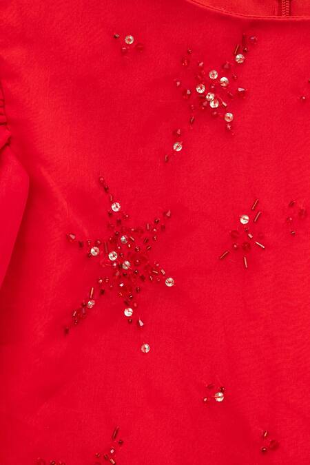 Ranikidswear_Red Organza, Net, Satin Sequins, Cut Work Embroidered Dress _at_Aza_Fashions