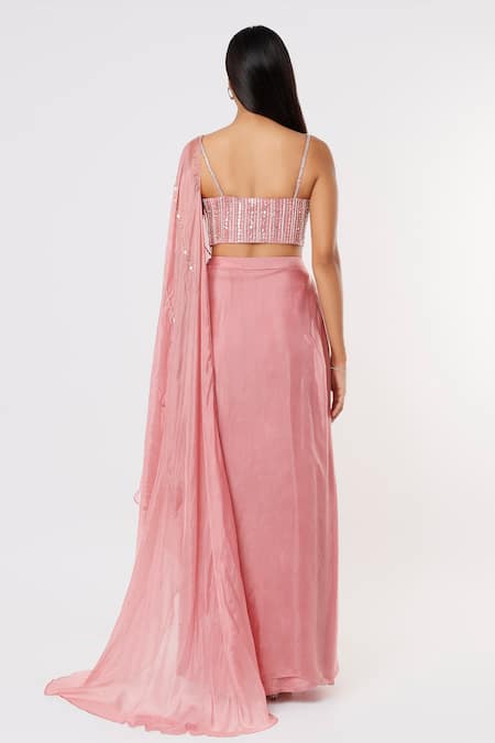 Shop_Masumi Mewawalla_Pink Silk, Lining Shantoon Sequins V Neck Draped Dhoti Saree With Corset Blouse _at_Aza_Fashions