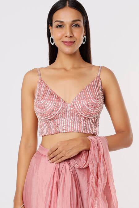 Masumi Mewawalla_Pink Silk, Lining Shantoon Sequins V Neck Draped Dhoti Saree With Corset Blouse _Online_at_Aza_Fashions