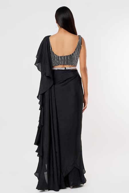 Shop_Masumi Mewawalla_Black Silk, Lining Shantoon Striped Sequins Ruffle Pre-draped Saree With Blouse _at_Aza_Fashions