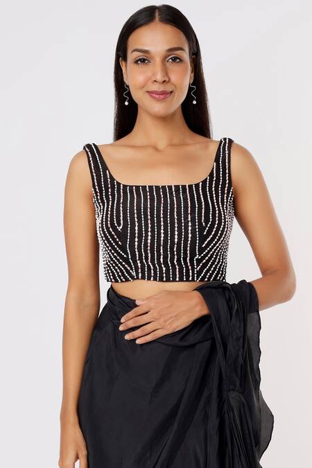 Masumi Mewawalla_Black Silk, Lining Shantoon Striped Sequins Ruffle Pre-draped Saree With Blouse _Online_at_Aza_Fashions