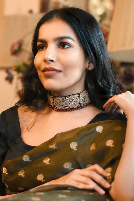 Shop Moirra Black Thread Floral Embroidered Choker at Aza Fashions Shop_Moirra_Black Thread Floral Embroidered Choker _at_Aza_Fashions