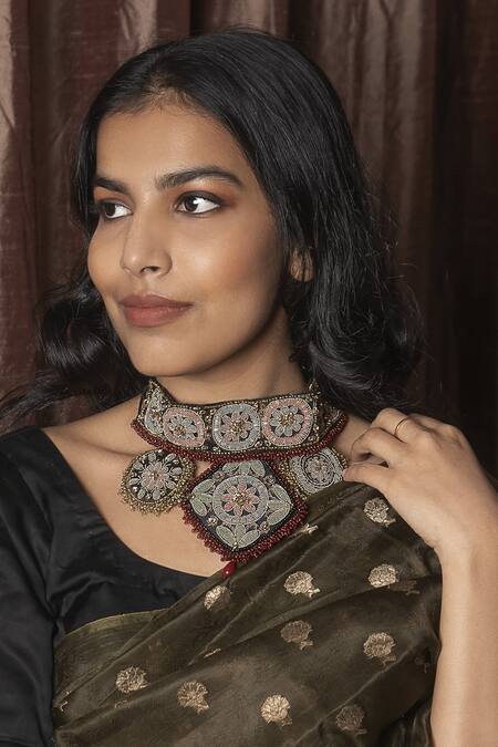 Moirra Black Thread Floral Embroidered Choker Online at Aza Fashions Moirra_Black Thread Floral Embroidered Choker _Online_at_Aza_Fashions