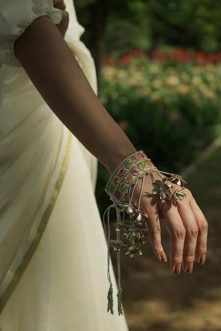 Shop_Moirra_Multi Color Brass Multicolor Floral Embroidered Bracelet _at_Aza_Fashions