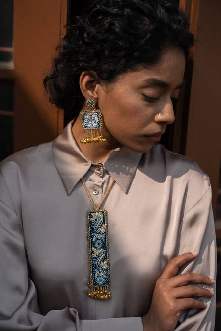 Moirra Blue Diamonds, Beads, Tassels Handcrafted Dangler Earrings Online at Aza Fashions Moirra_Blue Diamonds, Beads, Tassels Handcrafted Dangler Earrings _Online_at_Aza_Fashions