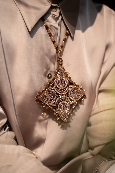 Shop Moirra Gold Plated Zari Maroon Dabka Pendant Necklace at Aza Fashions Shop_Moirra_Gold Plated Zari Maroon Dabka Pendant Necklace _at_Aza_Fashions