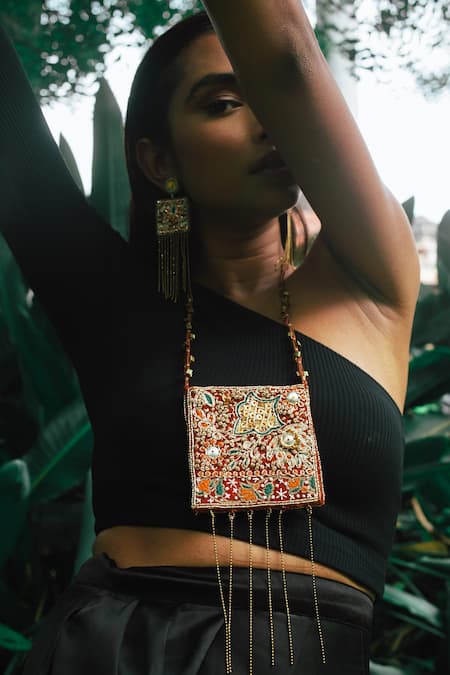 Shop_Moirra_Gold Plated Beads Embroidered Long Pendant Necklace _at_Aza_Fashions