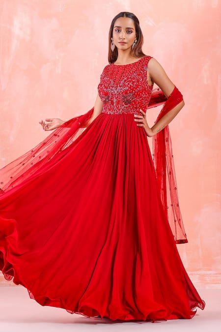 Vishal Georgette Red Floral Anarkali Gown with Dupatta - Absolutely Desi-hkpdtq2012.edu.vn